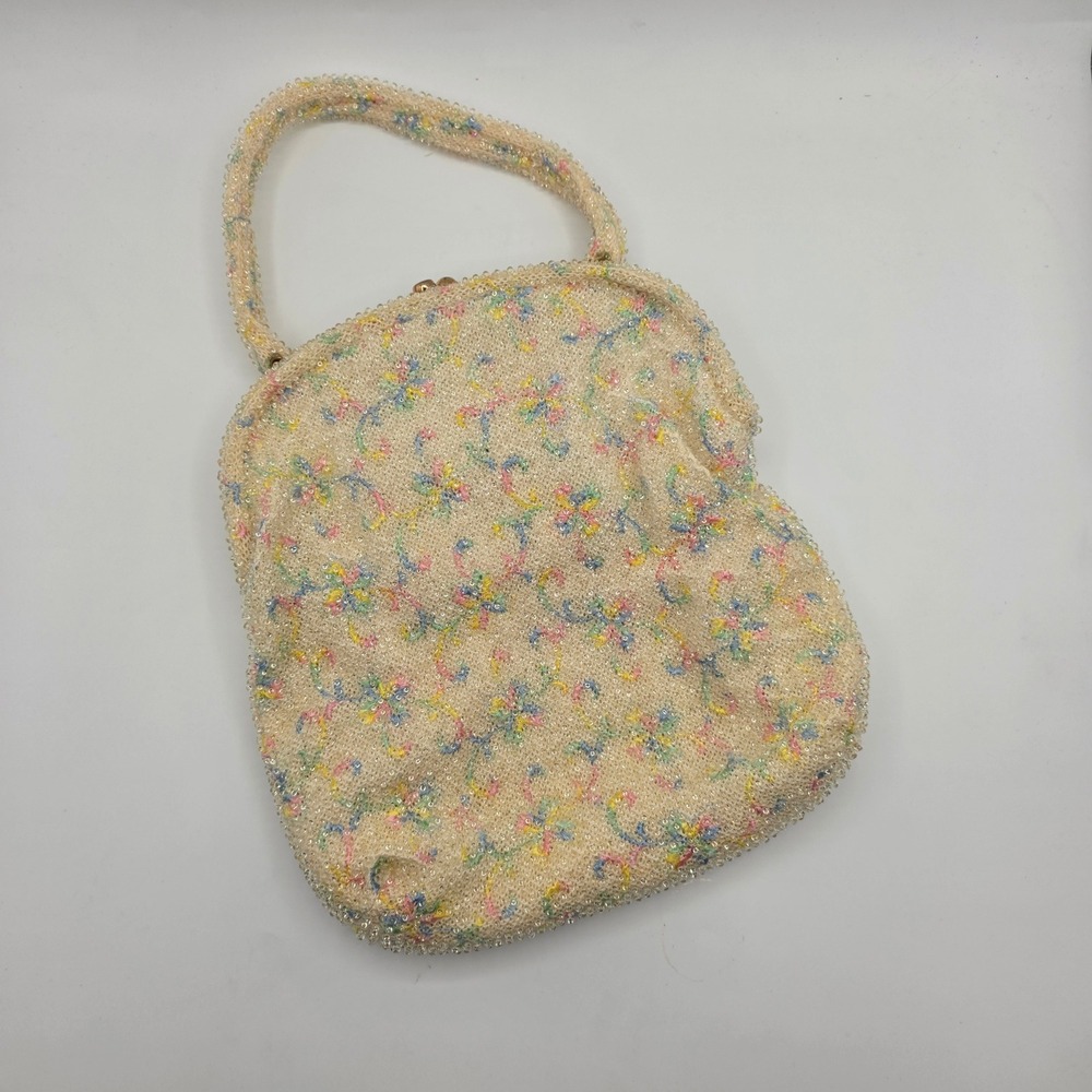 Vintage Beaded Pastel Floral Handbag and Coin Purse‎ Set Cream Kiss Lock 1960s